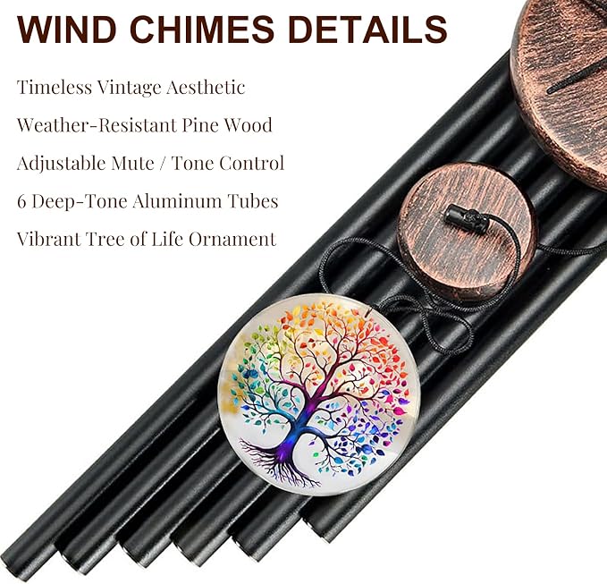 Tree of Life Wind Chimes for Outside, Deep Tone Outdoor Wind Chime with Colorful Wind Catcher, 6 Aluminum Tubes, Garden Porch Patio Decor, Memorial & Birthday Gift (32" Tree of Life)