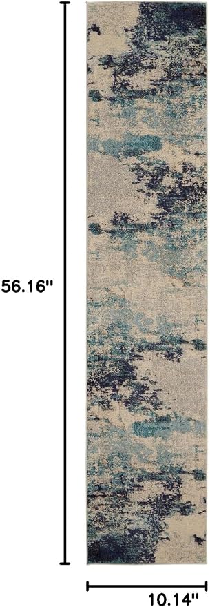 Nourison Home Celestial Modern Abstract Ivory/Teal Blue 2'2" x 12' Area Rug, Easy Clean, Non Shedding, Bed Room, Living Room, Dining Room, Kitchen (2x12)