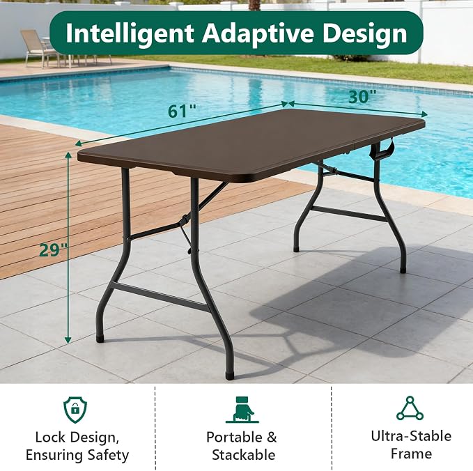 Folding Table, 5ft Portable Foldable Table Picnic Table with Carry Handle Plastic Table, Brown
