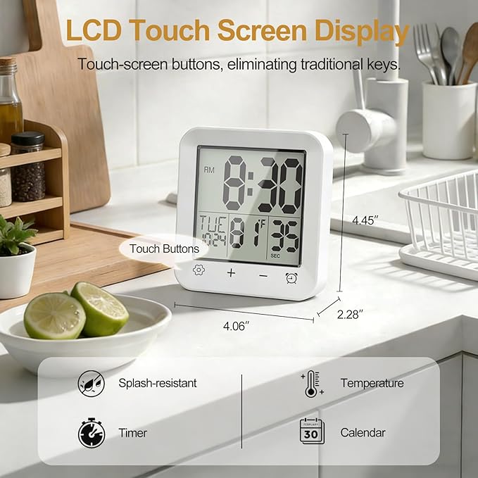 Shower Clock Waterproof, Bathroom Digital Clock with Timer, LCD Display, Touch Screen, Suction Cup, Temp, Seconds, Hanging, Hole Stand, Digital Wall Clocks Battery Operated for Kids and Adults