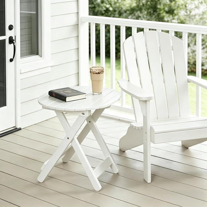 Outdoor Small Table, Round Folding Wooden Patio Side Table Furniture End Table for Adirondack Chair, Balcony, Porch, No Assembly Required, White
