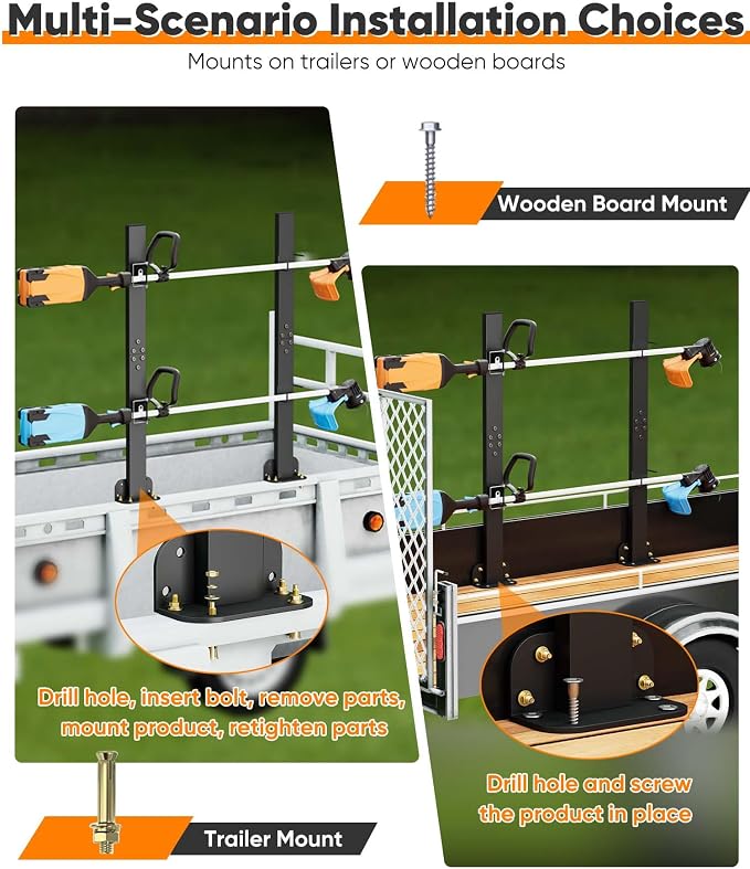 Mondazie 2 Place Weed Eater Rack for Trailer, Utility Open Trailer Trimmer Racks with Lockable Snap Buckle Mount On Landscape Truck Trailer, Weedeater Rack Holder with L-Shaped Base for Lawn Equipment