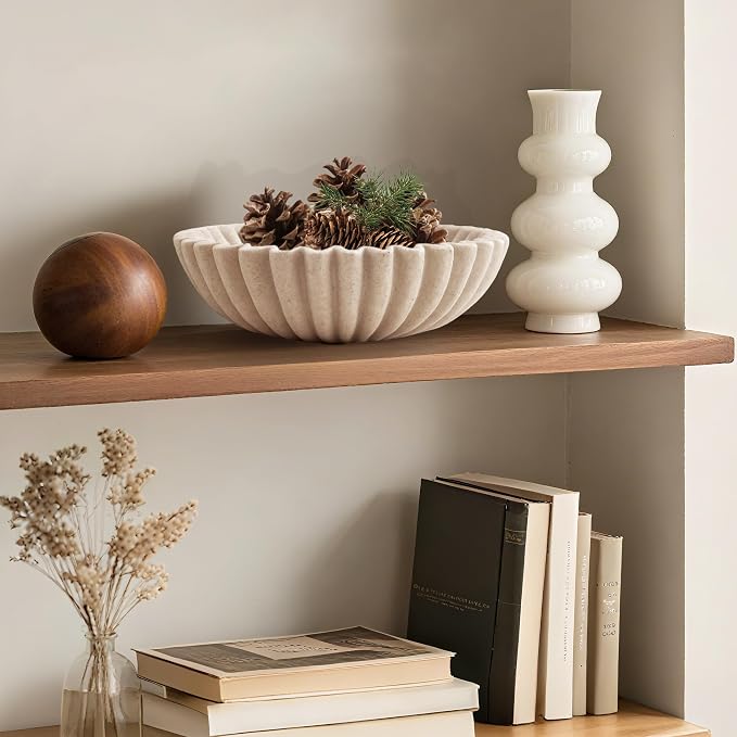 10'' Large Ruffle Decorative Fruit Bowl for Entryway Coffee Table Scalloped Purse Key Holder Kitchen Countertop Console Modern Organic Home Decor, Artificial Stone Beige