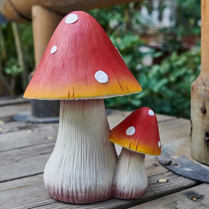 Mushroom Decor Fairy Garden Accessories - Outdoor Garden Decor Mushrooms Ornament for Garden Decoration Garden Gnome's Favorite Mushroom Statues (8" Red)