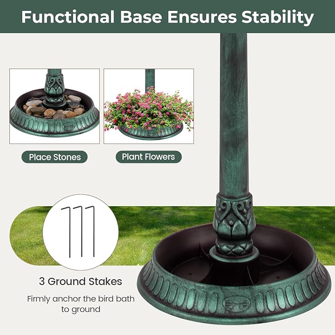 LDAILY Outdoor Bird Bath, 42’’ Solar Lighted Pedestal Birdbaths with Birds Feeder ,20’’ Water Bowl, Flower Planters and 3 Stakes, Attract Birds Antique Bird Bath for Outside Garden, Yard (Green, 42‘’)