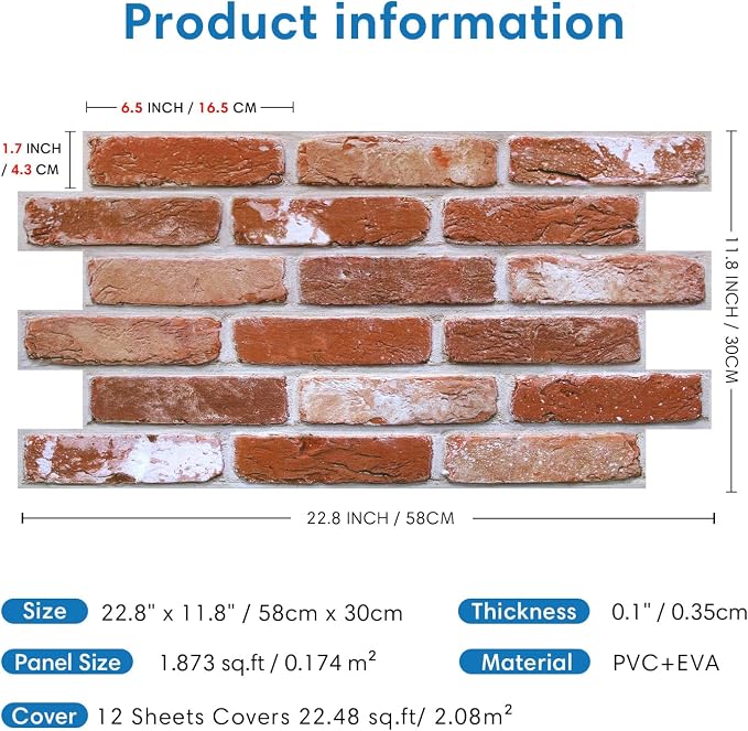 COMSTICKC 3D Red Faux Brick Wall Panel Peel and Stick Wall Covering, 12 Pcs of 22.8" x 11.8", 3D Brick Wall Stickers, UrltraLight PVC Self Adhesive Brick Decorative Tile Interior, Covers 22.48 sq.ft