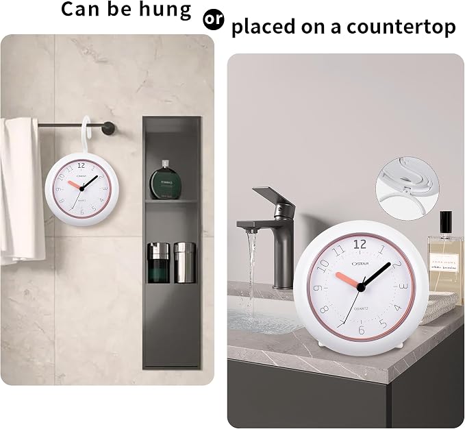 OSTAR Waterproof Bathroom Shower Clock, Analog Quartz Clock Hanging Stand Dual Purpose, One AA Battery Operated 4.72 inch Round Size