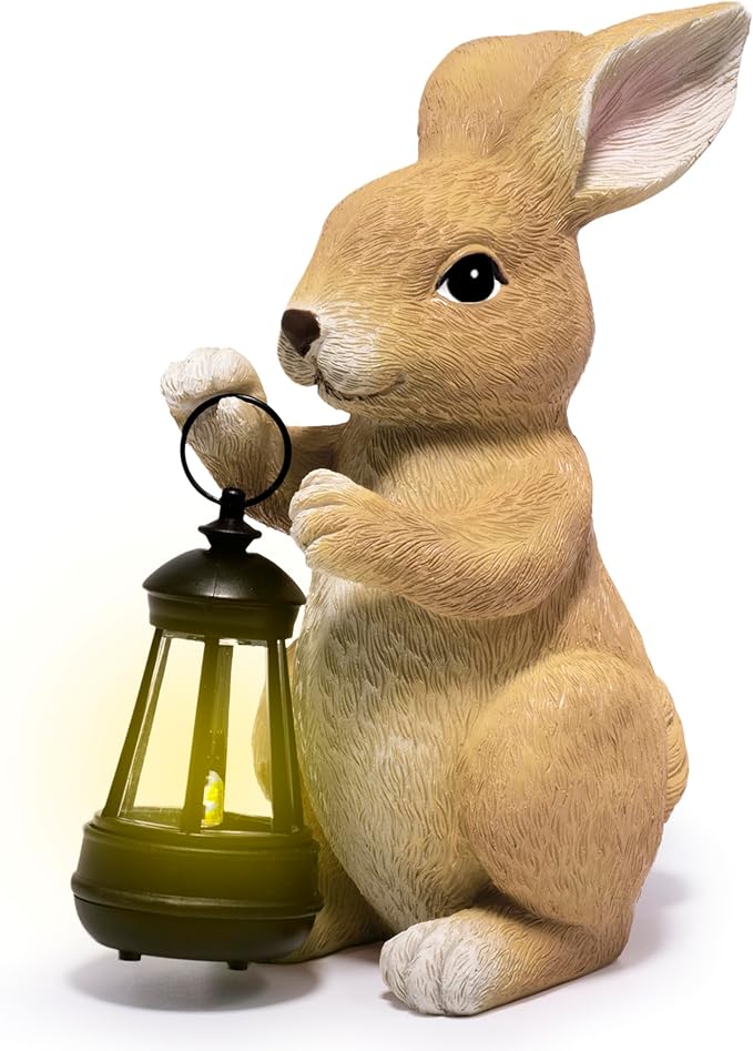 basen Outdoor Bunny Statue with LED Lantern, Battery Powered Resin Rabbit Garden Decor, Weather Resistant Lawn Yard Patio Ornament for Outdoor Indoor Spring Easter Home Decoration