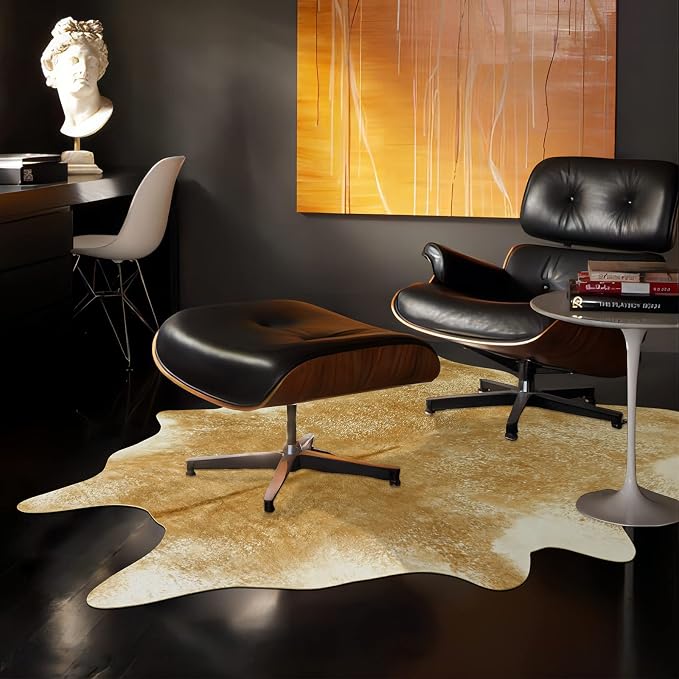 Washable Cowhide Rug for Living Room, Large 6x7 Khaki Faux Cow Print Area Rugs, Non Slip Animal Skin Bedroom Carpet, Rustic Western Home Decor Fake Hide Floor Mat for Office Fireplace