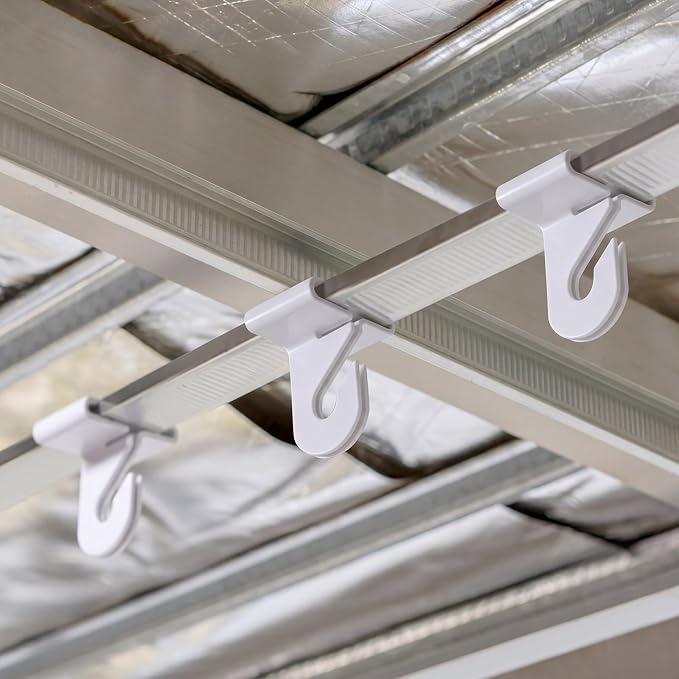 Leinuosen 120 Pcs Drop Ceiling Hooks Bulk 60 Right and Left Ceiling Hook for Hanging 60 Metal Ceilings Hook Clips White Heavy Duty T-bar Clips for Hanging Plant Suspended Drop Ceilings Tile Decoration