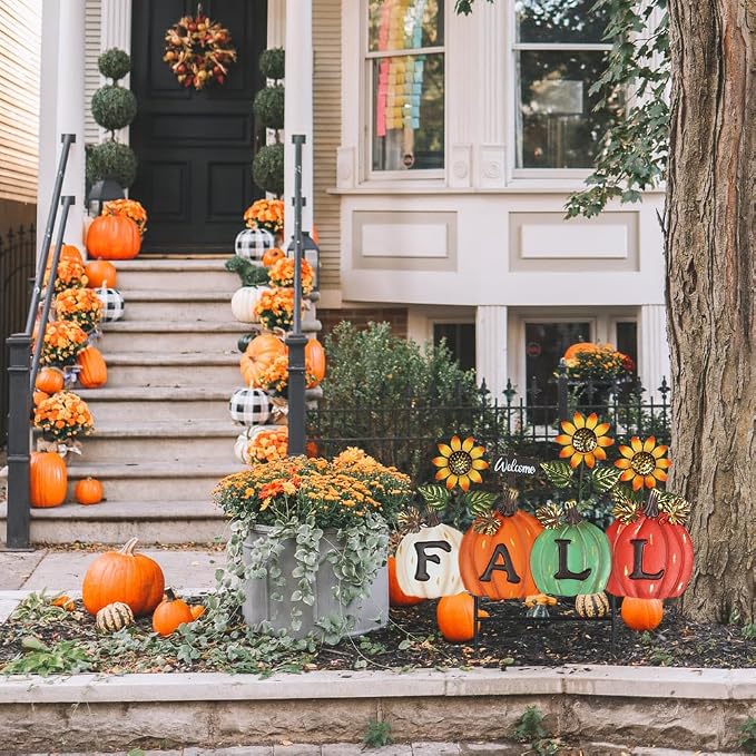 YEAHOME Fall Decorations Outdoor, Fall Letter Pumpkin Decorative Garden Stakes with Sunflower for Fall Decor, Metal Yard Signs for Home Outside Garden Lawn Porch Thanksgiving Decorations