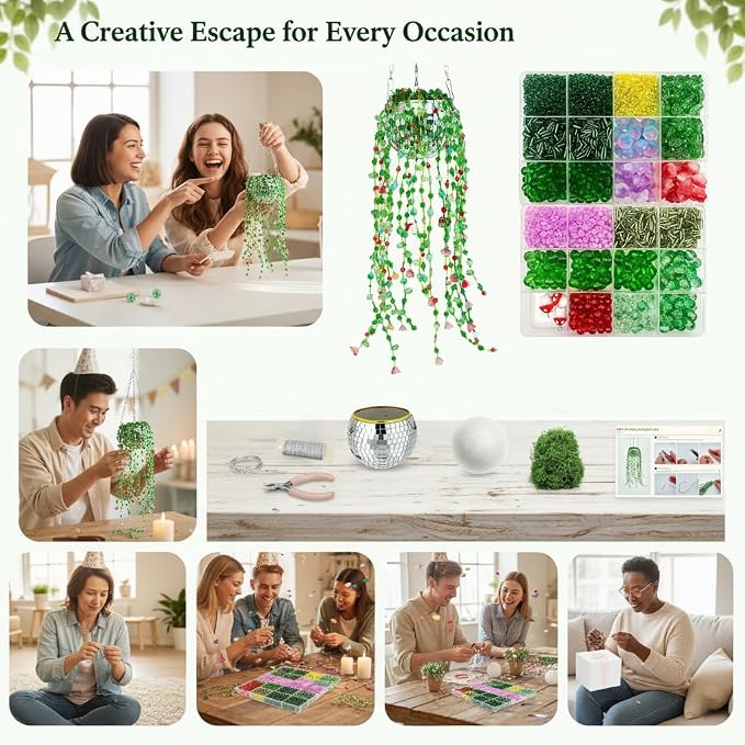 Green Glass Beaded Plant Kit Boho Crystal Suncatcher with Disco Ball Planter DIY Lily of the Valley Premium Glass Flower & Leaf Beads Craft Set for Adults Everlasting Botanical Window Decor Gift
