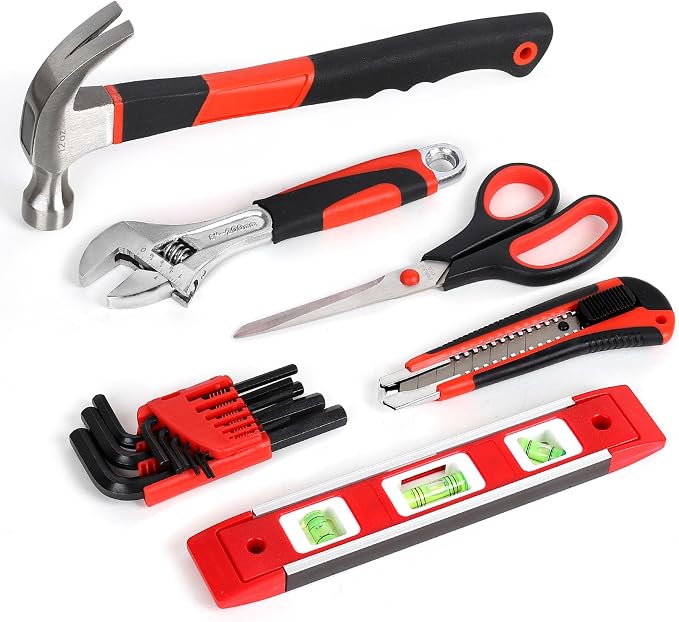 FASTPRO 220-Piece Home Tool Set, Household Repairing Tool Kit with 12-Inch Wide Mouth Open Storage Tool Bag, Red
