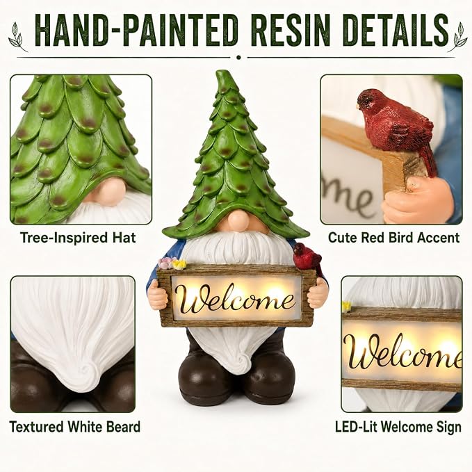 Solar Garden Gnome Statue with Welcome Sign, 13.5" Resin Outdoor Gnome Decor with LED Light, Cute Garden Statue for Yard, Porch, Patio, Lawn, Housewarming Gifts for Women Mom Grandma
