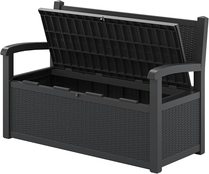 80 Gallon Outdoor Storage Bench, Resin Patio Storage Bench with Armrest, Lockable Deck Boxes Outdoor Waterproof and UV Resistant for Cushions, Garden Tools and Pool Supplies, Matte Black