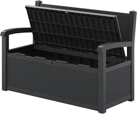 80 Gallon Outdoor Storage Bench, Resin Patio Storage Bench with Armrest, Lockable Deck Boxes Outdoor Waterproof and UV Resistant for Cushions, Garden Tools and Pool Supplies, Matte Black