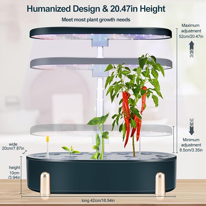 Hydroponics Growing System Indoor Garden:12 Pods Plant Kit Aeroponic Herb Vegetable Growth Lamp Countertop with LED Grow Light, Adjustable Height Up to 20.47inch (Black, One-Size)