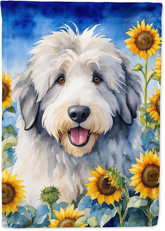 Caroline's Treasures DAC6129CHF Old English Sheepdog in Sunflowers House Flag Large Porch Sleeve Pole Decorative Outside Yard Banner Artwork Wall Hanging, Polyester, House Size, Multicolor