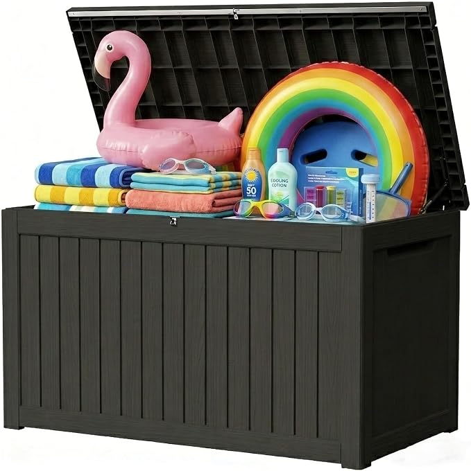 270 Gallon Outdoor Storage Box Resin Deck Box All Weather Waterproof Large Lockable Storage Container Deck Box for Patio Furniture, Garden Tools, Lockable, Black New