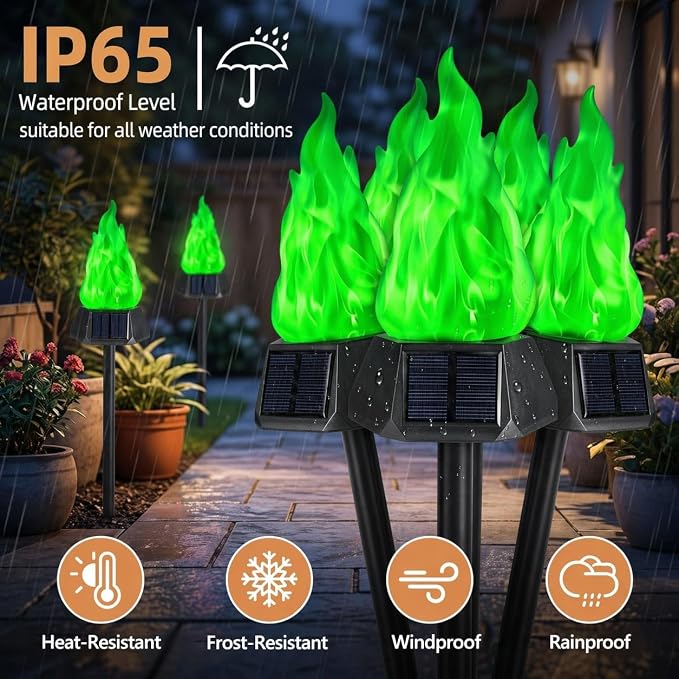 Toodour Solar Outdoor Torch Lights with Flickering Flame, 4 Pack Solar Pathway Decorative Lights, Waterproof LED Flame Torches for Outdoor Camping Garden Landscape Patio Path Yard Decorations - Green