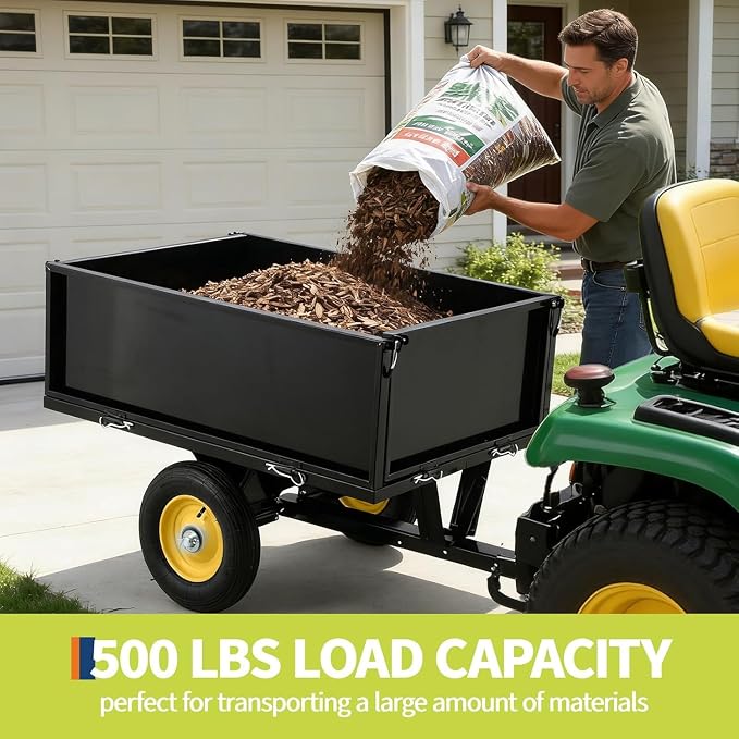 500 LBS Heavy-Duty Steel Dump Cart,Tow-Behind ATV & Lawn Tractor Utility Trailer with Removable Tailgate, 17 Cu.Ft Capacity Garden Cart for Lawn, Garden, Landscaping & Hauling, Fits ATV, UTV