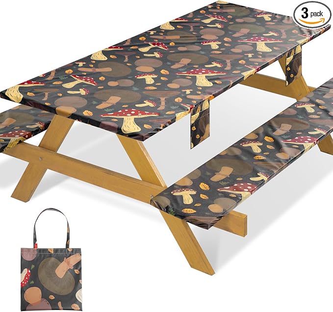 Jobunai Picnic Table Cover with Bench Covers Fitted Waterproof Camping Tablecloth with Elastic for 6 Foot Rectangle Tables Outdoor Travel Rv Essentials Summer Vacation Accessories Gift for Men Women