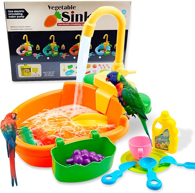 Parrot Bath Shower, Bird Bath for Cage, Automatic Bird Bathtub Pet Bath Pool with Faucet, Bird Fountain Swimming Pool Toy Bath Shower Water Dispenser for Ferret, Love Bird, Goldfinch (Orange)