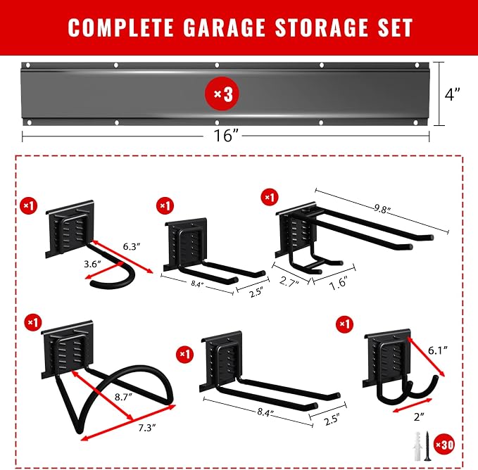 Garage Tool Organizer Wall Mount, Easy to 48inch Install Heavy-Duty Garage Storage System with 6 Adjustable Universal Hooks, Garden Tool Rack for Shovels, Rakes, Yard Tools