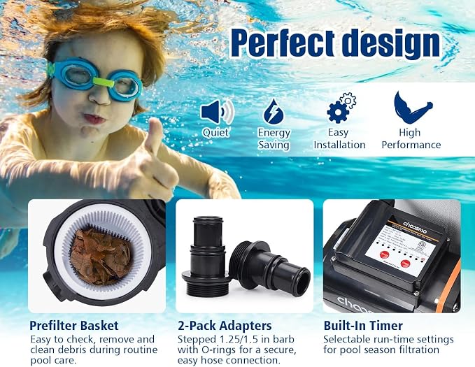 3/4 HP Above Ground Pool Pump with Timer, 3120 GPH 115V Self-Priming Sand Filter Pump Replacement with Filter Basket and 1.25/1.5-Inch Hose Adapters for Easy Installation
