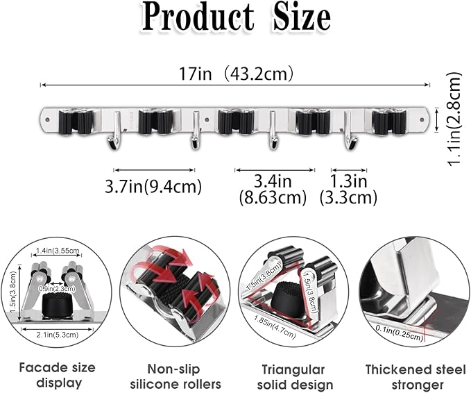 2 Pack Mop and Broom Holder Wall Mount, 5 Racks and 4 Hooks Broom Organizer Storage Tool Racks Stainless Steel Heavy Duty Hooks Self Adhesive Solid Non-slip for Home Kitchen Garden Laundry Garage | Mop Holder Wall Mount and Broom Hanger for Garage, Lau...