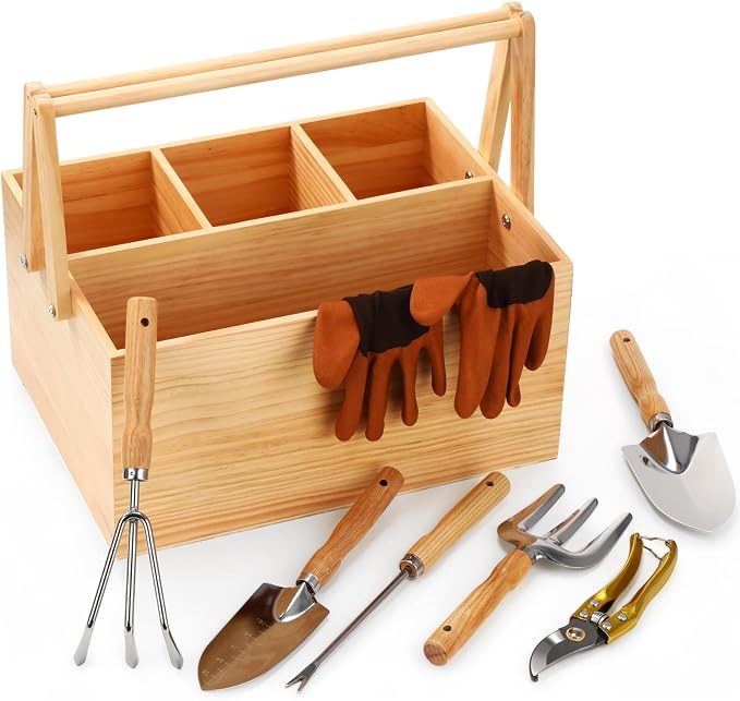 Remerry 8 Pcs Gardening Tools for Women Harvest Basket Vegetables with Handles Wood Stainless Steel Tool Kit Garden Caddy Spring Harvesting Basket Gift for Mother Gardening Lovers Enthusiast Planting