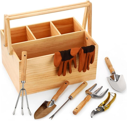 Remerry 8 Pcs Gardening Tools for Women Harvest Basket Vegetables with Handles Wood Stainless Steel Tool Kit Garden Caddy Spring Harvesting Basket Gift for Mother Gardening Lovers Enthusiast Planting