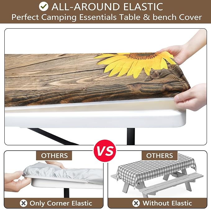 Picnic Table Cover with Bench Covers 6FT Sunflower Waterproof Fitted Picnic Table Cloths Wood Texture Outdoor Elastic Picnic Tablecloth Outdoor Camping Essentials(3pcs-72")