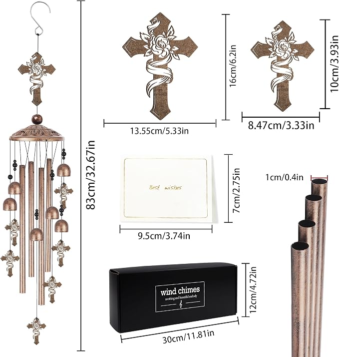 Memorial Wind Chimes for Outside, Cross Windchimes with Rose Design, Sympathy Gifts for Loss of Loved One Bereavement Garden Decor