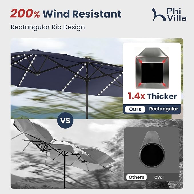 PHI VILLA 13ft Patio Umbrella with Solar-Powered 120 PCS LED Color-Changing Lights, Triple-Head Large Rectangle Umbrella Outdoor Patio for Table with Crank Lift,Navy Blue(No Base)