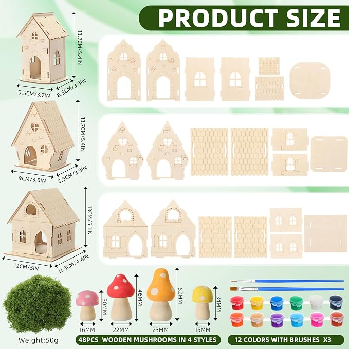 DoubleFill 12 Sets Wooden Fairy House Craft Kit for Kids - Classroom DIY Fairy Garden with Paints & Decorations - School Arts Crafts & Birthday Gift for Activity Party Decor (3 Mixed Cute Roof Styles)