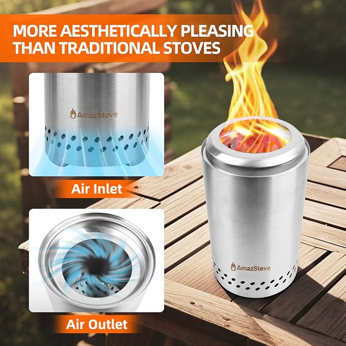 Spinning Flame Tabletop Fire Pit by AmazStove, Low Smoke Stove Outdoor Safe Burning Firepits, Fueled Pellets or Wood, Travel Bag&mat&Forks Included, 10 x 6 Silver