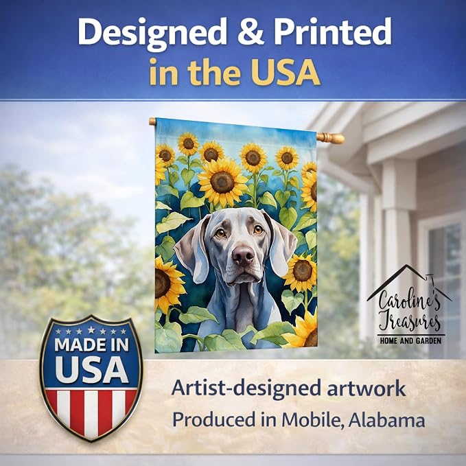 Caroline's Treasures DAC6170CHF Weimaraner in Sunflowers House Flag Large Porch Sleeve Pole Decorative Outside Yard Banner Artwork Wall Hanging, Polyester, House Size, Multicolor