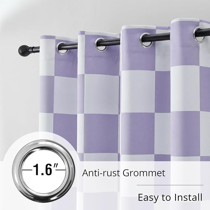 100% Blackout Checkered Curtains – 2 Panels, Each W52×L63, Thermal Insulated, Nosie Reducing for Bedroom, Modern Lilac and White Checkerboard Design for Girl's Room