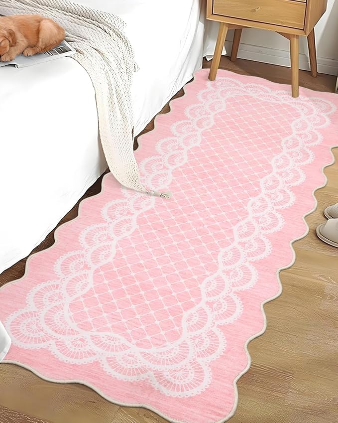 Garvee Washable Rug Runner 2x6 Scalloped Hallway Kitchen Rugs Pink | 2x6 Rugs Runner, Non-Slip Modern Bedside Rug, Non-Shedding Low Pile Carpet Runners for Laundry Room Entryway Nursery