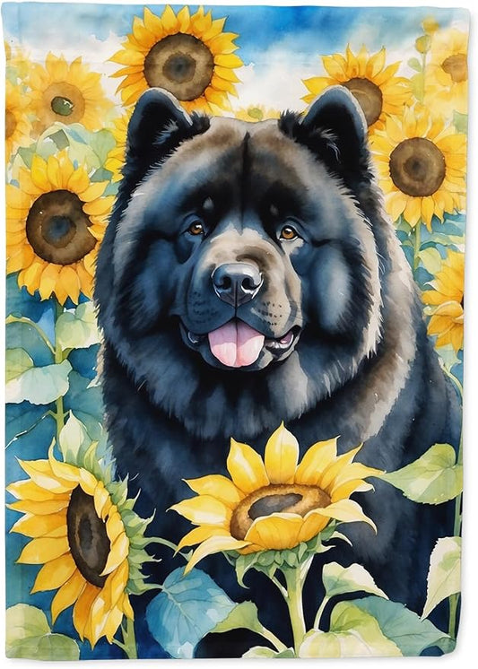 Caroline's Treasures DAC6054CHF Chow Chow in Sunflowers House Flag Large Porch Sleeve Pole Decorative Outside Yard Banner Artwork Wall Hanging, Polyester, House Size, Multicolor