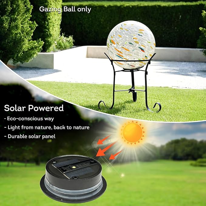 Lily's Home Gazing Ball - 7.68" Glass Globe with Solar Powered Lights - Outdoor Solar Lights for Yard & Patio - Garden Decor - Automatic On/Off Photosensitive Switch - White