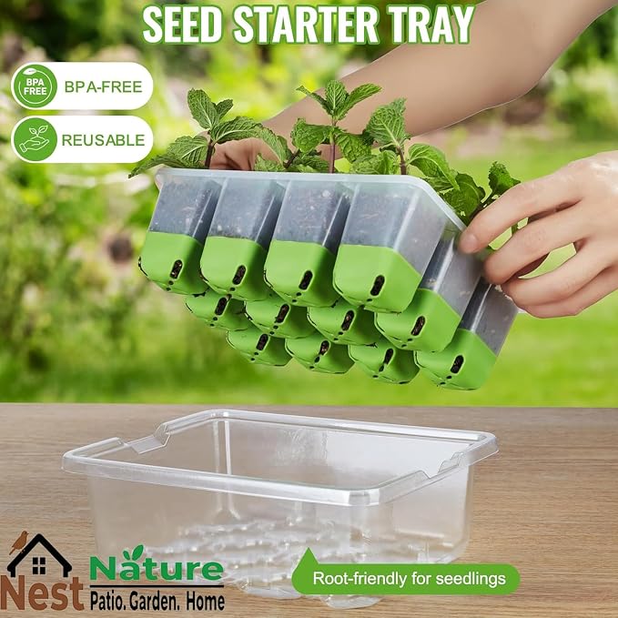 NestNature 5-Pack Seed Starter Tray Set|Reusable 60Cell Seed Starter Trays | Flexible Germination Trays For Plants|Seed Trays With Flexible Pop-Out Design&Dishwasher Safe For Herbs,Vegetables,Flowers