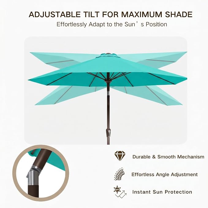 Kingdura 10FT Outdoor Patio Umbrella, Round Market Table Umbrella with Push‑Button Tilt and Crank Lift, 8 Sturdy Metal Ribs, UV50+ Protection Canopy for Backyard, Lawn, Deck, Poolside, Garden (Tiffany blue)