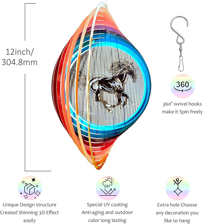 Aoedelyart 3D Animations Horse Wind Spinner for Yard and Garden,12Inch Wind Spinners Outdoor Horse Memorial Gift for Women Mom Grandma Wife,Garden Decor Metal Kinetic Yard Art Wind Sculpture