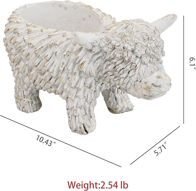 Rustic Highland Cow Planter - Vintage Distressed White Resin Planter Pot Indoor&Outdoor Flower Pots for Garden Home Decor, Succulent, Herbs