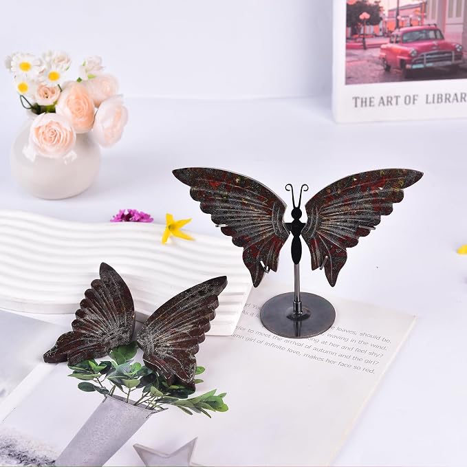 JIC Gem Dragon Blood Quartz Crystals Butterfly Art Decorative Natural Rocks Healing Crystal and Stones Carved Angel Wings with Display Decor Reiki Gifts (1pair, 10cm)