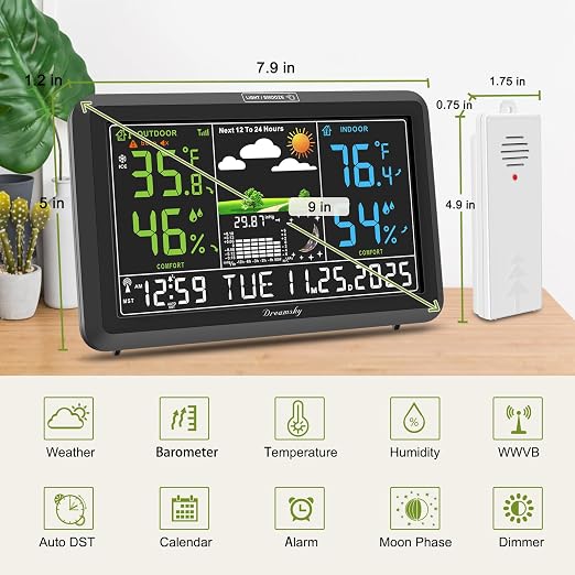 DreamSky Weather Station Indoor Outdoor Thermometer Wireless for Home | Digital Atomic Clock, Large Display with Dimmer, USB Port, Inside Outside Temperature Humidity Monitor (Plug-in)-2 Sensors