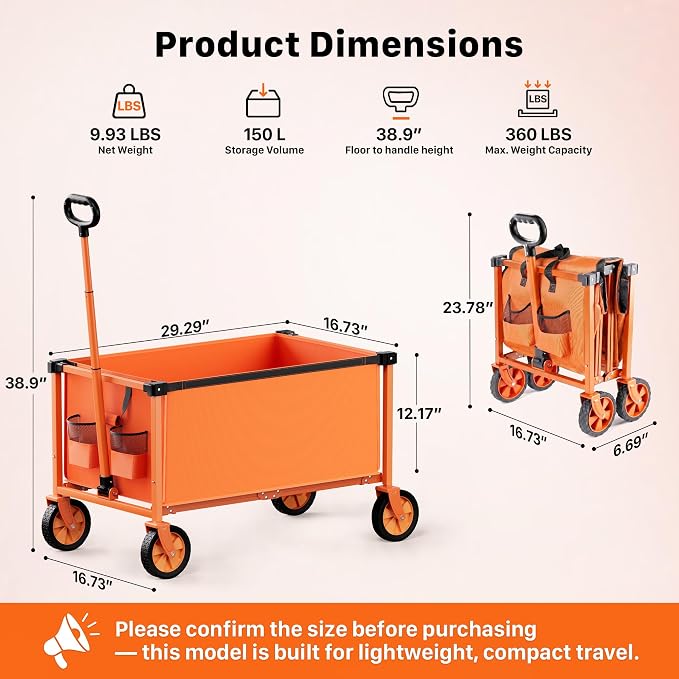 29.3" Collapsible Wagon Cart, 150L Heavy Duty Folding Utility Wagon with Wheels, 260 lbs Load, Portable Rolling Cart for Garden, Shopping, Sports, Camping, Orange