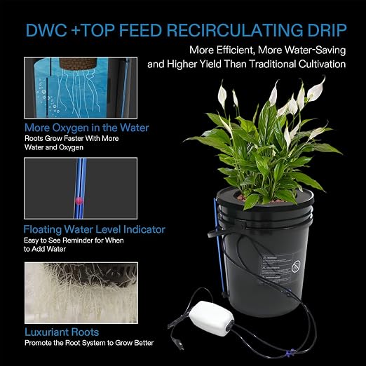 2 in 1 Deep Water Culture Kit with Air Pump Soilless Planting System, Hydroponic Grow System Kit Feed Circulation Drip Irrigation, 5-Gallon Deep Water Culture for Indoor&Outdoor